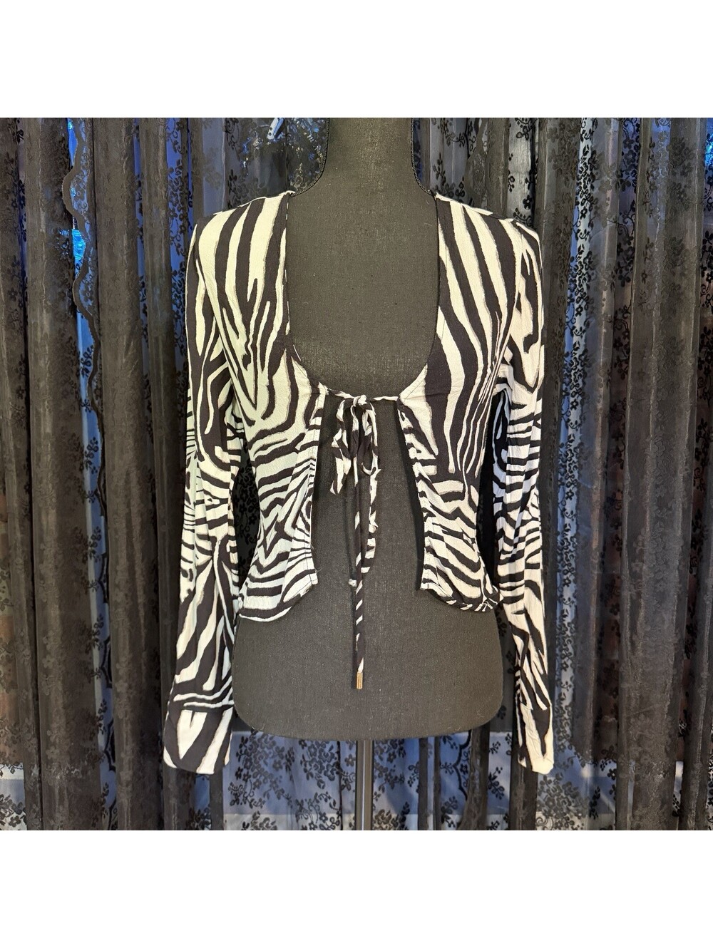 AFRM Yamila Top Zebra Print Tie Front Flyaway Crop Blouse Black White Size S